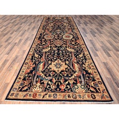 5'1"x14'6" Blue Peacock Persian Sickle Leaf Design Hand Knotted Wool Runner Rug