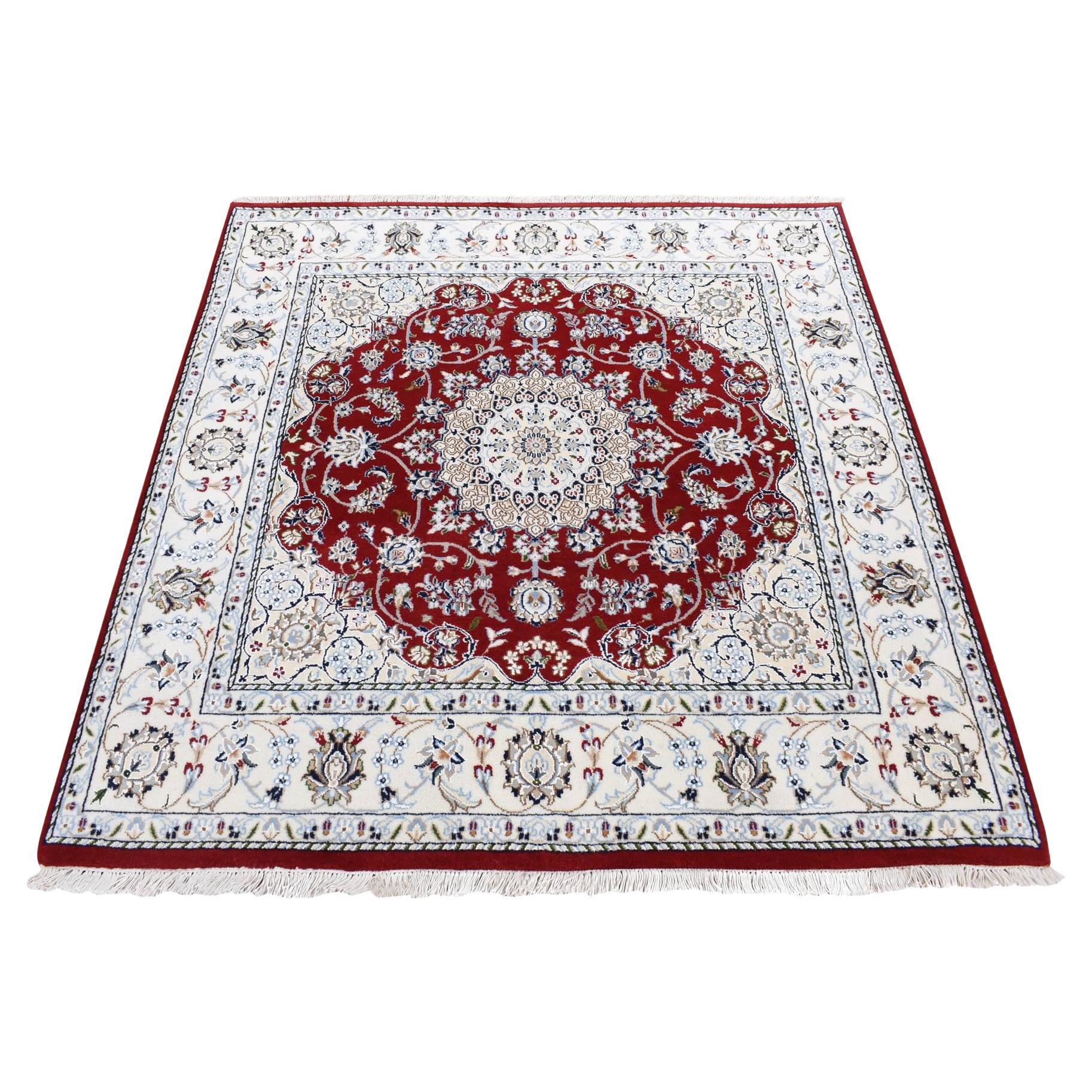 5'1"x5'1" Cherry Red Pure Wool 250 KPSI Nain Flower Design Hand Knotted Square For Sale