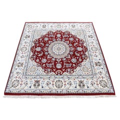 5'1"x5'1" Cherry Red Pure Wool 250 KPSI Nain Flower Design Hand Knotted Square