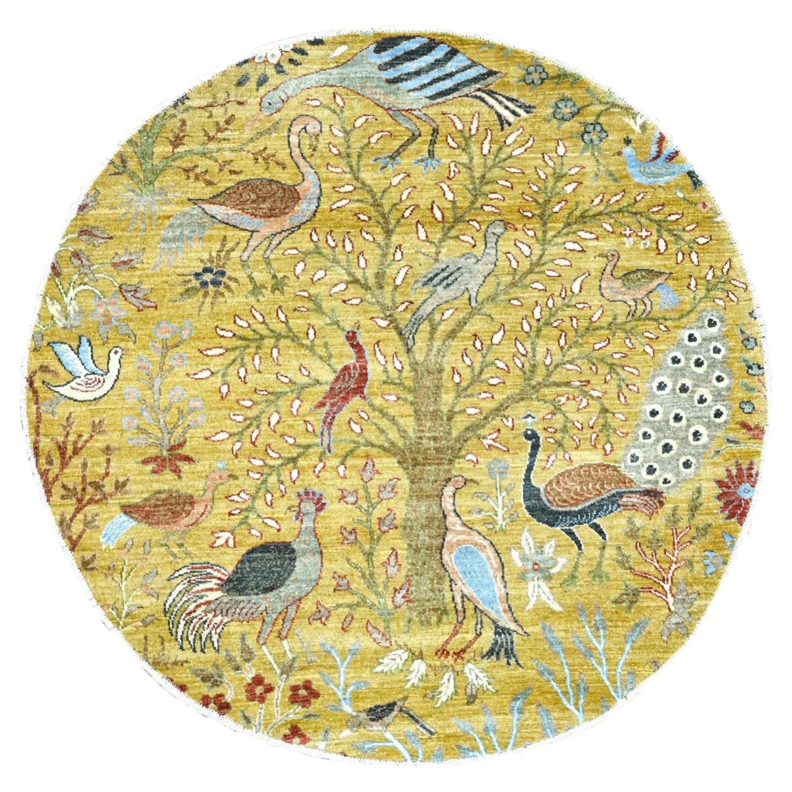 5'1"x5'1" Golden Yellow Birds of Paradise Design Hand Knotted Wool Round Rug For Sale