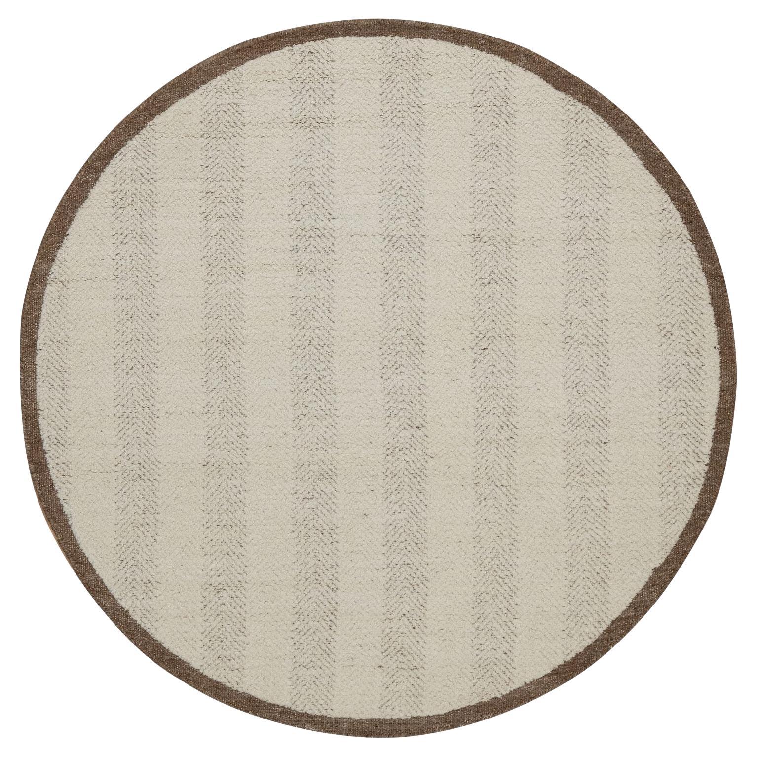 5'1"x5'1" Ivory Modern Vertical Stripes Design Hand Knotted Pure Wool Round Rug