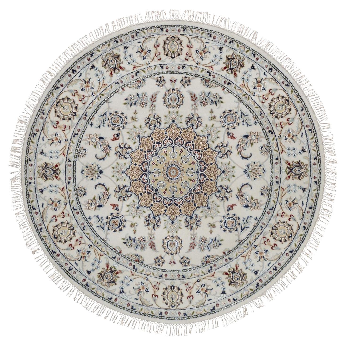 5
1"x5
1" Ivory Nain Flower Medallion Design Hand Knotted Wool 
Silk Round Rug