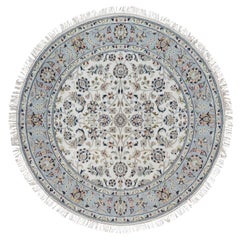 5'1"x5'1" Ivory Wool and Silk Nain with All Over Design Hand Knotted Round Rug