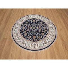 5'1"x5'1" Navy Nain with Floral Pattern Wool and Silk Hand Knotted Round Rug