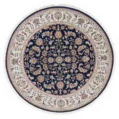 5'1"x5'1" Navy Nain with Floral Pattern Wool and Silk Hand Knotted Round Rug