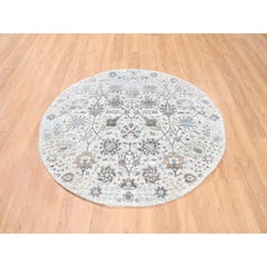 5'1"x5'1" Round Ivory Silk With Textured Wool Tabriz Hand Knotted Oriental Rug