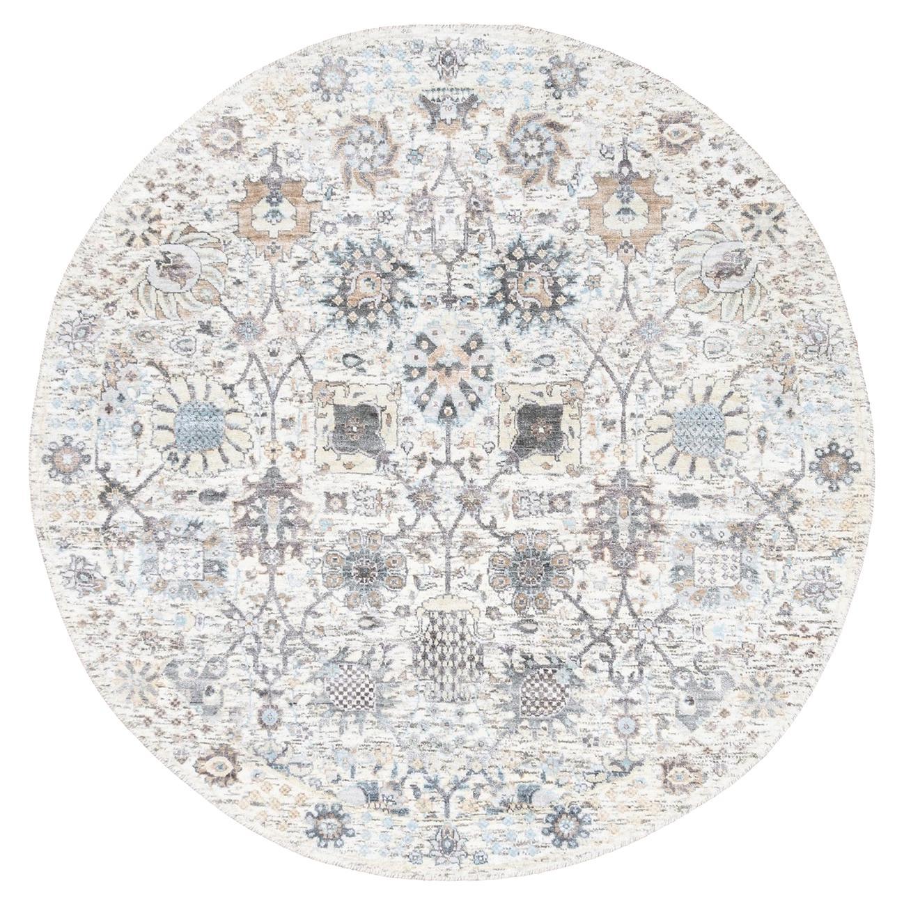5'1"x5'1" Round Ivory Silk With Textured Wool Tabriz Hand Knotted Oriental Rug