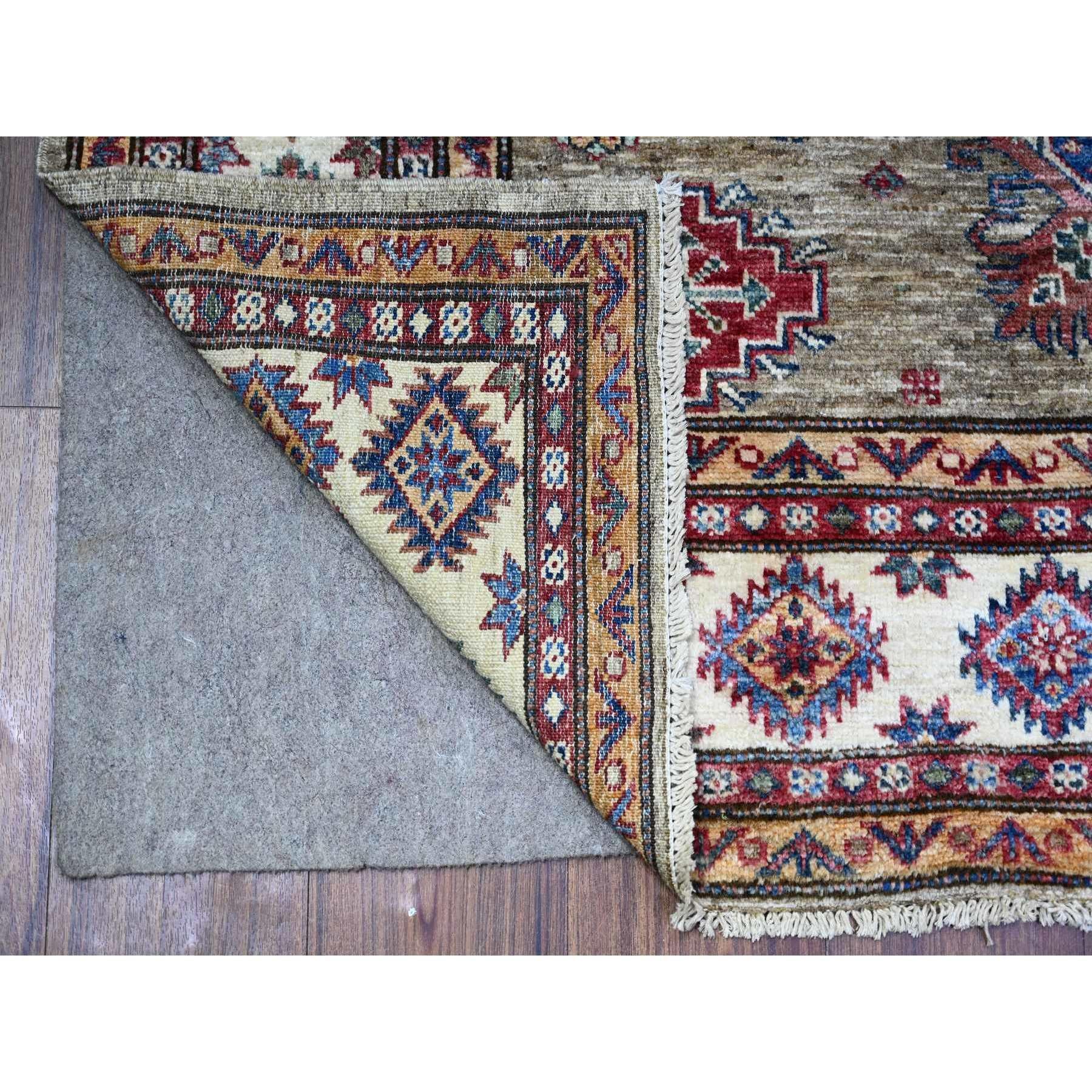 Bone White, Dense Weave, Pure Wool, Natural Dyes, Afghan Super Kazak, Hand Knotted, Oriental Rug
Primary materials: Wool
Latex: No Pile 
height: 0.25 Inches
Style: Traditional
Primary color: Beige
Secondary colors: Red, Orange, Brown, Blue, Ivory,