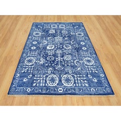 5'1"x6'10" Revel Blue Hand Knotted Tebraz Leaf Design Wool and Silk Oriental Rug
