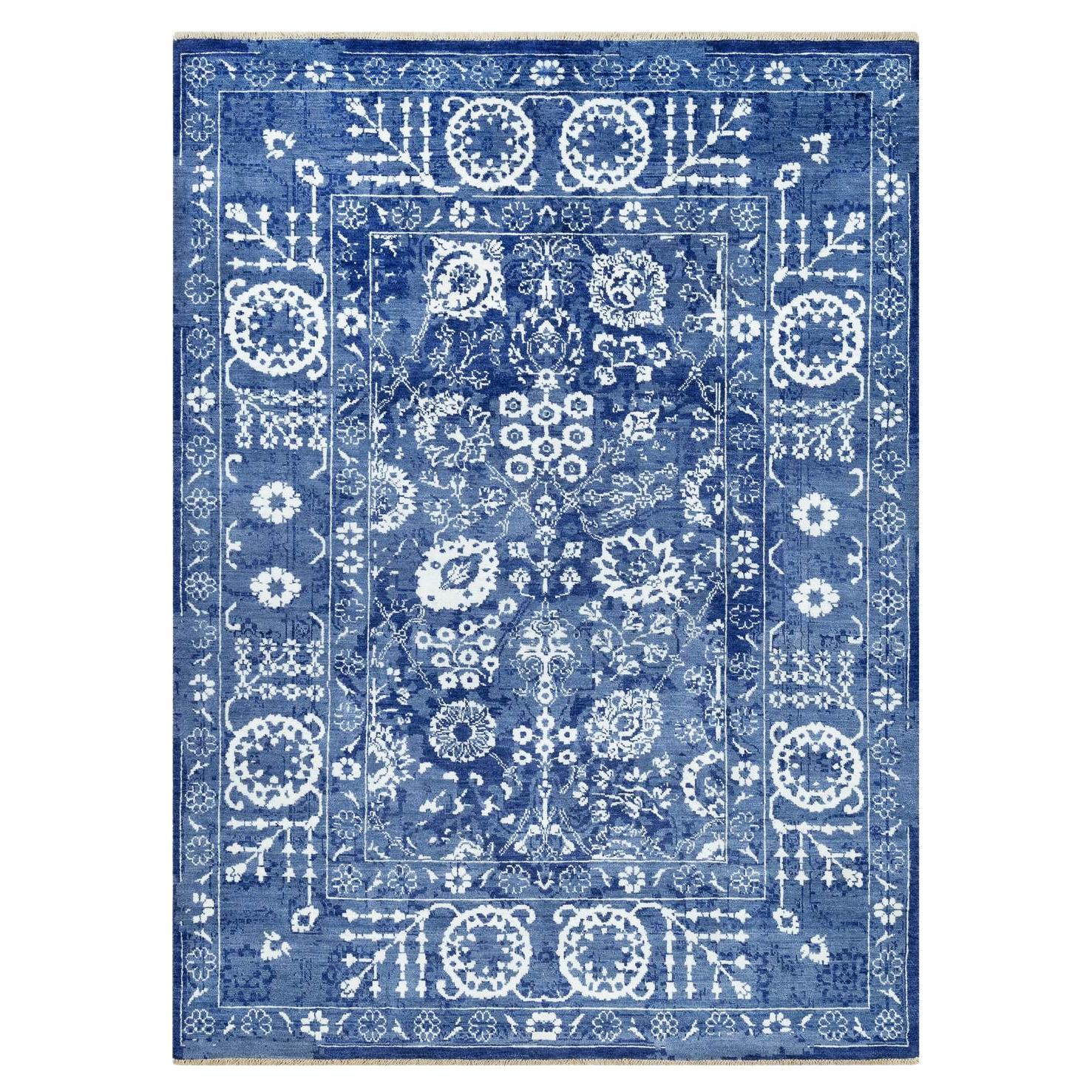 5'1 "x6'10" Revel Alfombra oriental de lana y seda azul anudada a mano con diseño de hojas Tebraz