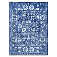 5'1 "x6'10" Revel Alfombra oriental de lana y seda azul anudada a mano con diseño de hojas Tebraz