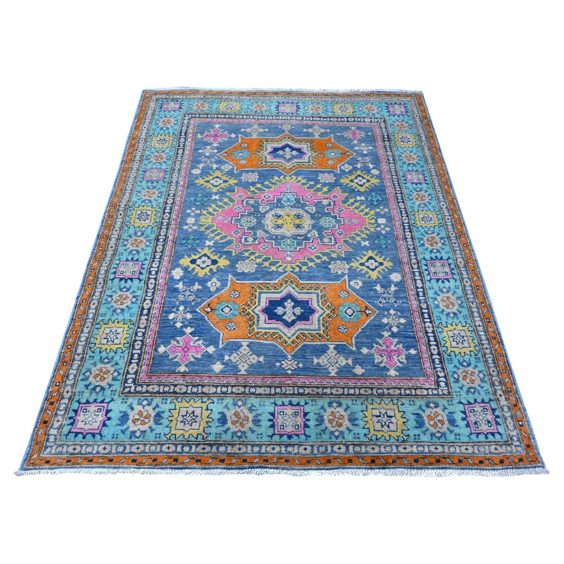 5
1"x6
4" Bayern Blue All Natural Wool Colorful Fusion Kazak Oriental Rug For Sale