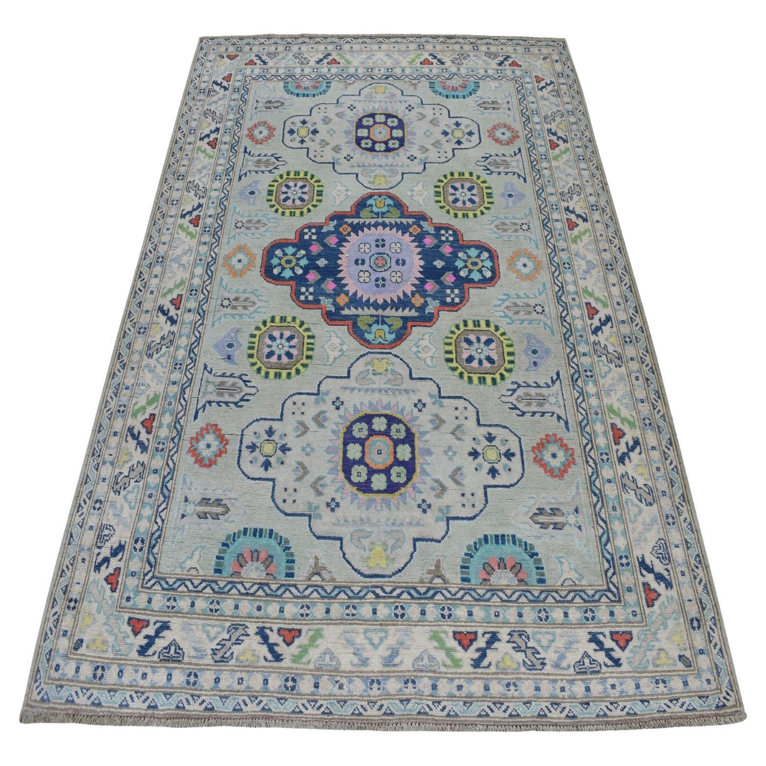 5'1"x6'6" Colorful Gray Fusion Kazak Pure Wool Geometric Design Hand Knotted Rug