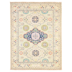 5'1"x6'6" Ivory Fusion Kazak with Tribal Medallions Design Hand Knotted Wool Rug