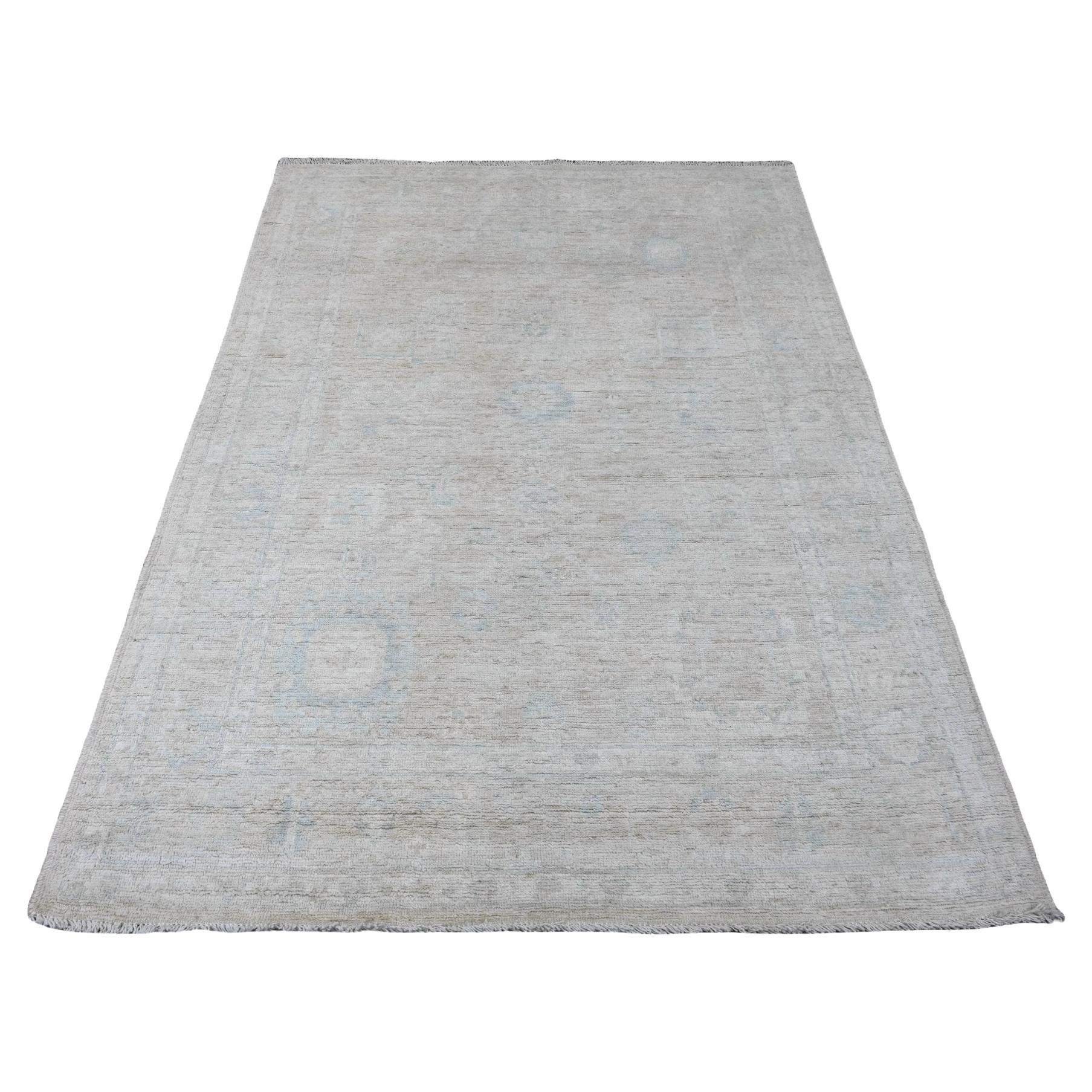 5'1"x6'7" White Wool Afghan Angora Oushak Leaf Design Hand Knotted Oriental Rug
