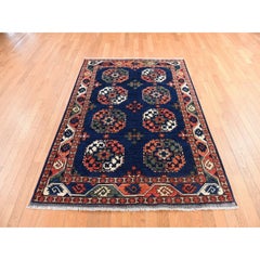 5'1"x6'8" Blue Afghan Ersari with Elephant Feet Design Hand Knotted All Wool Rug