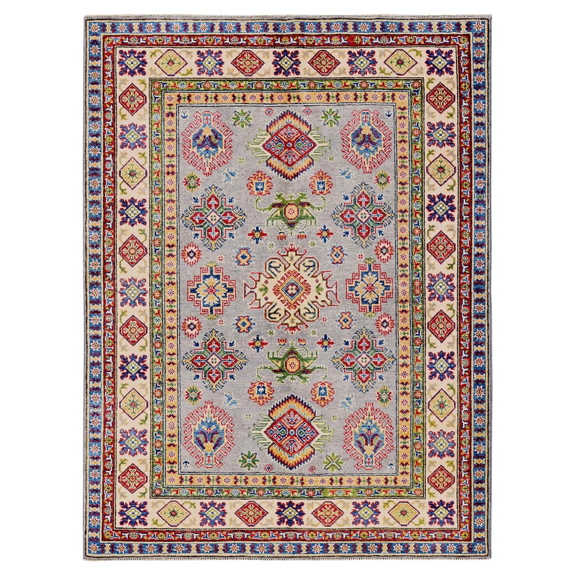 5
1 "x6
9" Wolke Grau Kazak mit Stammesmotiven Hand geknüpft alle Wolle Orientteppich