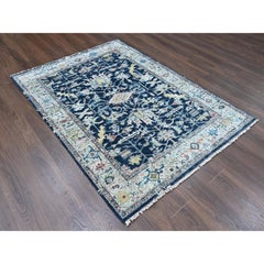 5'1"x6'9" Denim Blue Persian Heriz Design Hand Knotted Pure Wool Oriental Rug