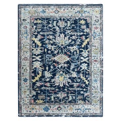 5'1"x6'9" Denim Blue Persian Heriz Design Hand Knotted Pure Wool Oriental Rug