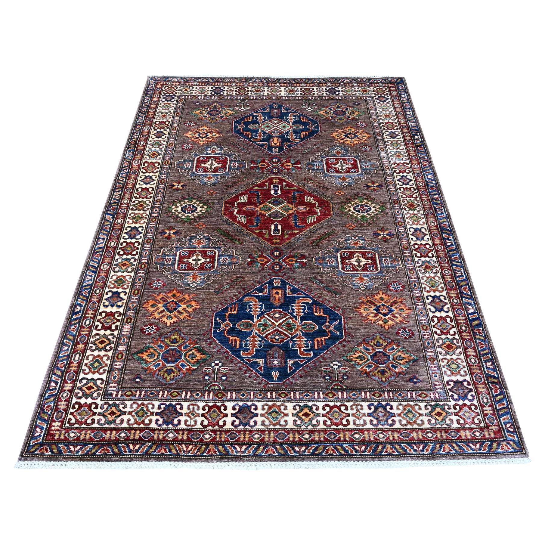 5'1"x6'9" Gray Super Kazak Large Elements Wool Hand Knotted Runner Oriental Rug For Sale