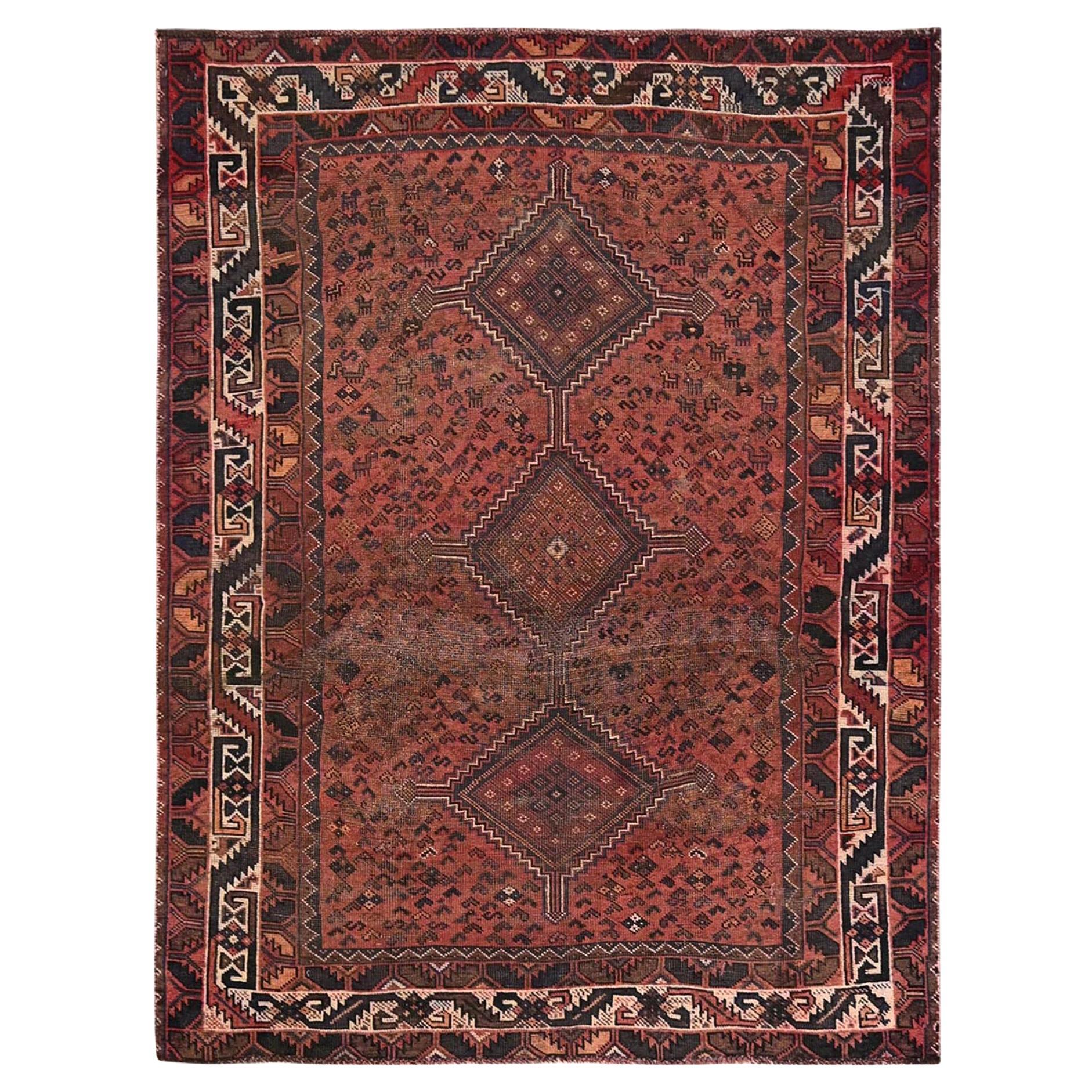 5
1"x6
9" Picante Red Vintage Persian Shiraz Worn Out Hand Knotted Pure Wool Rug