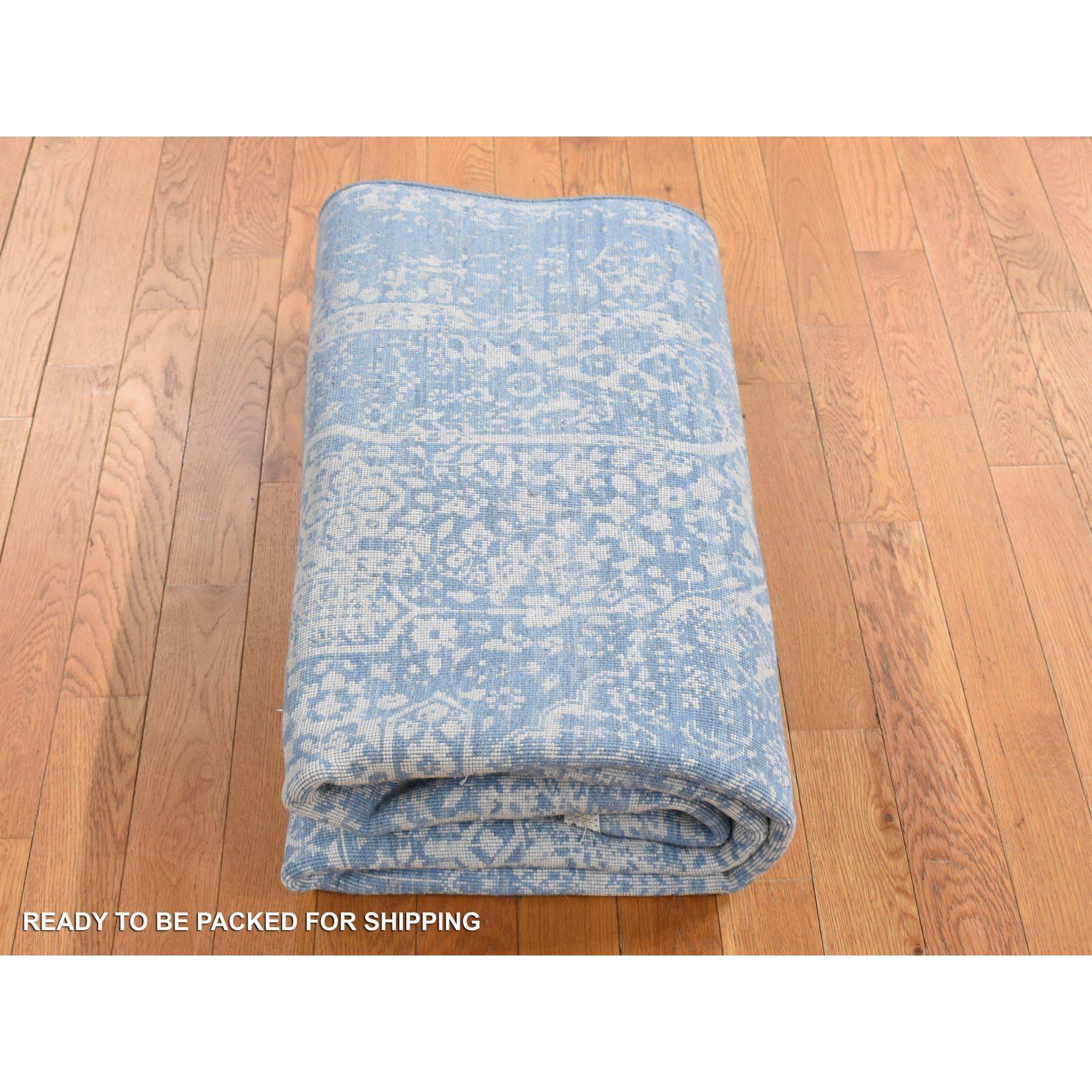 Alfombra de lana y seda pura, azul, anudada a mano, con diseño persa roto Anudado a mano en venta