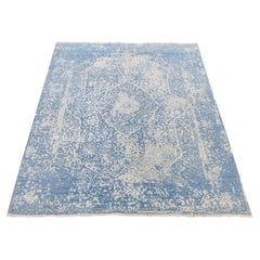 5'1"x7' Blue Hand Knotted Broken Persian Design Wool and Pure Silk Rug