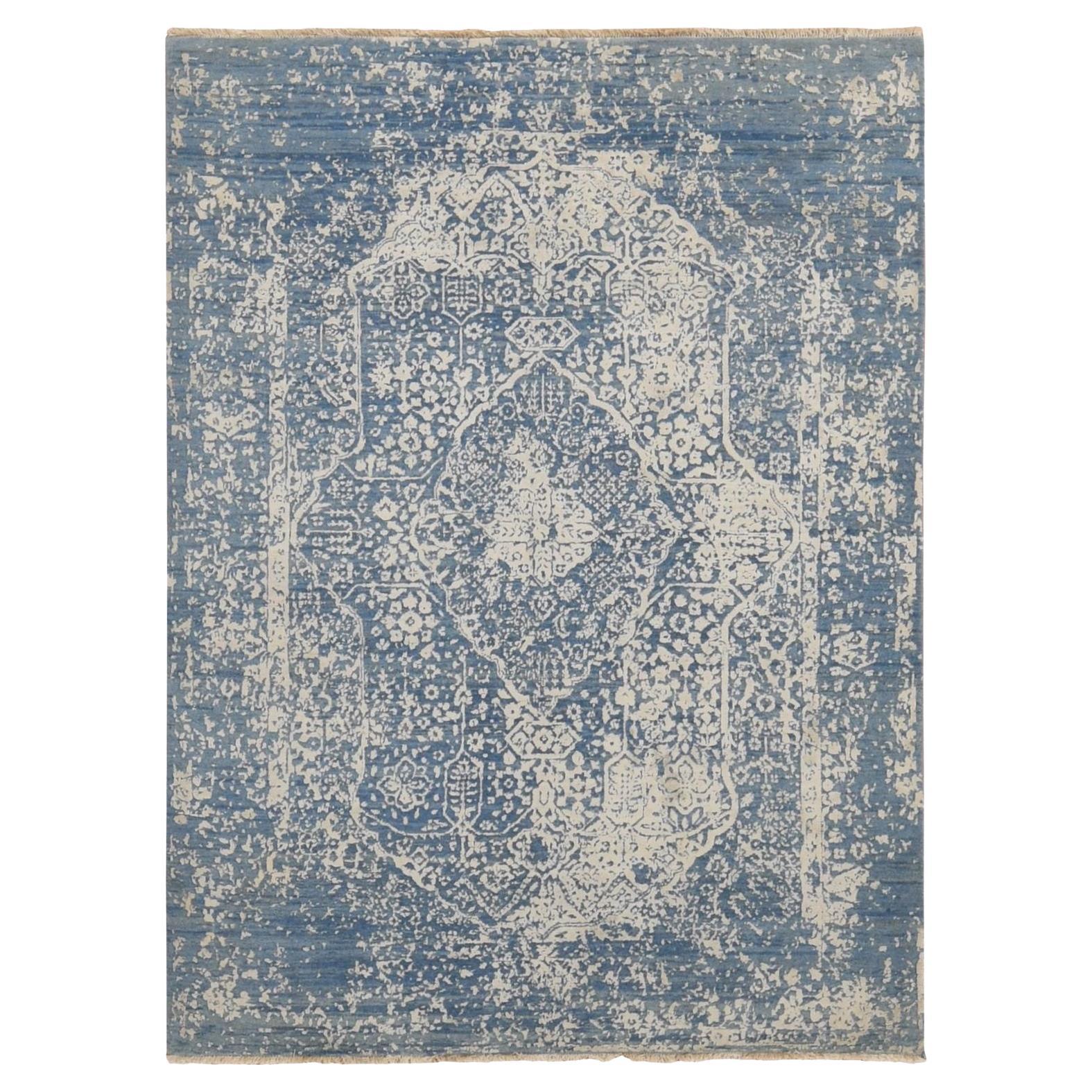 5'1 "x7' Tappeto persiano blu in lana e pura seta annodato a mano, rotto e cancellato in vendita