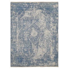5'1 "x7' Alfombra Persa de Lana Azul y Seda Pura Anudada a Mano Rota y Borrada
