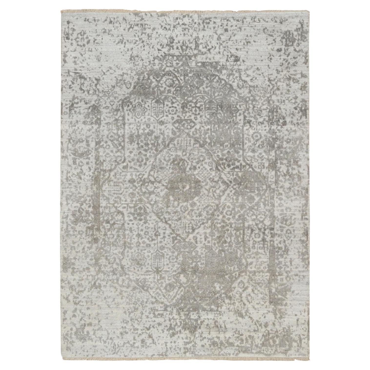 5
1 "x7
 Grau, gebrochenes persisches Design, Wolle und reine Seide handgeknüpft, Teppich