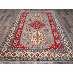 Alfombra de Lana Suave Anudada a Mano Gris con Rojo Kazak con Diseño Geométrico 5'1 "x7' Alfombra de Lana Suave Anudada a Mano