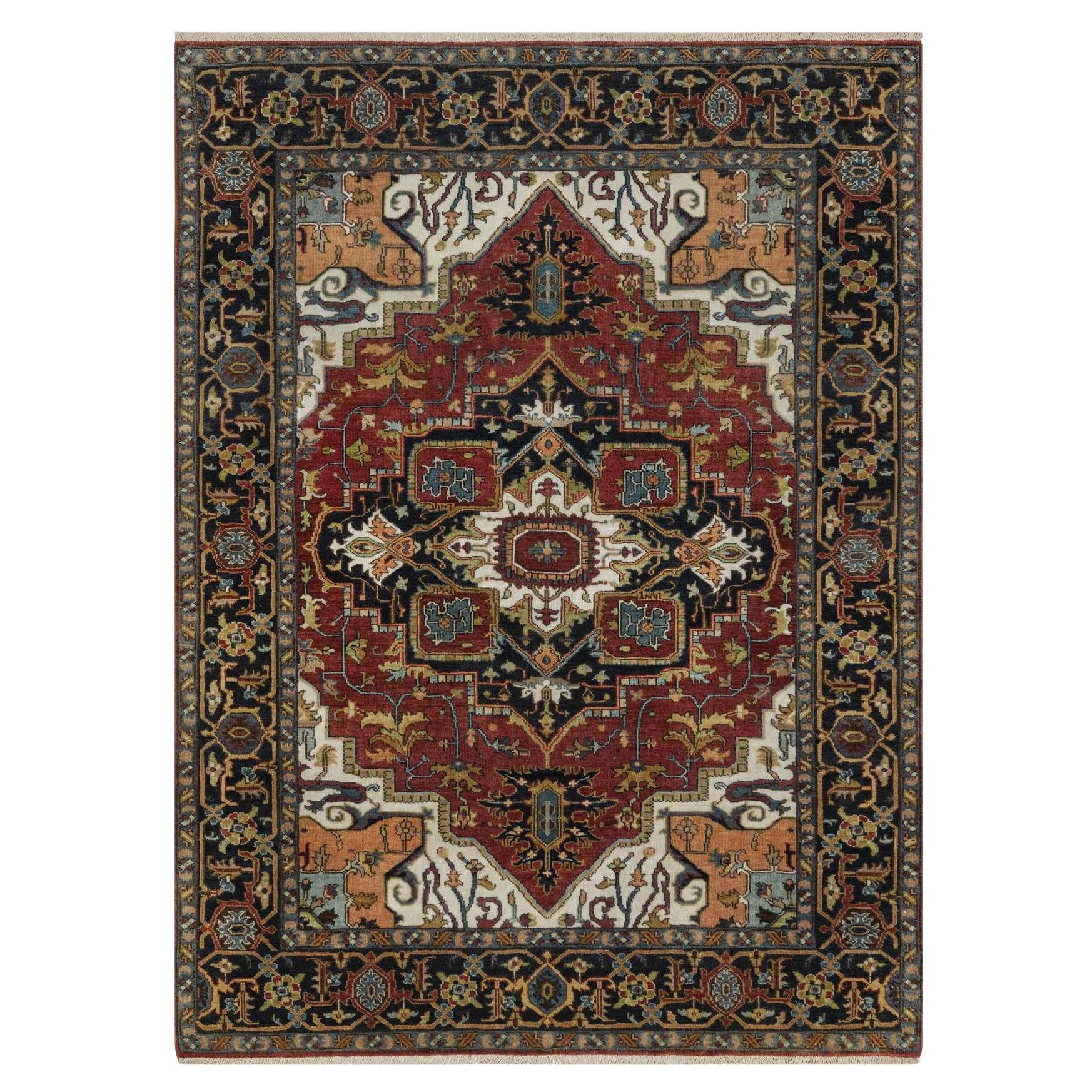 5
1"x7
Ruby Red Hand Knotted Wool Antiqued Fine Heriz Revival Oriental Rug