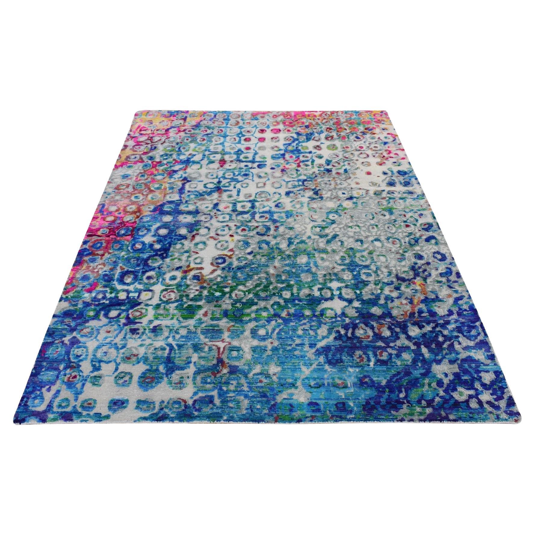 5'1"x7' Sapphire Blue, THE PEACOCK, Sari Silk, Hand Knotted, Oriental Rug