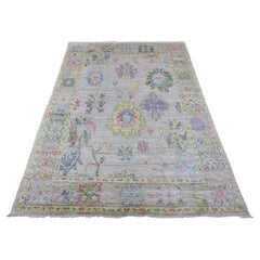 5'1"x7' White Hand Knotted Afghan Angora Oushak Leaf Design Pure Wool Rug