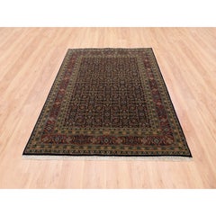 5'1"x7'1" Ink Black Hand Spun Wool All Over Herat Design Hand Knotted Rug