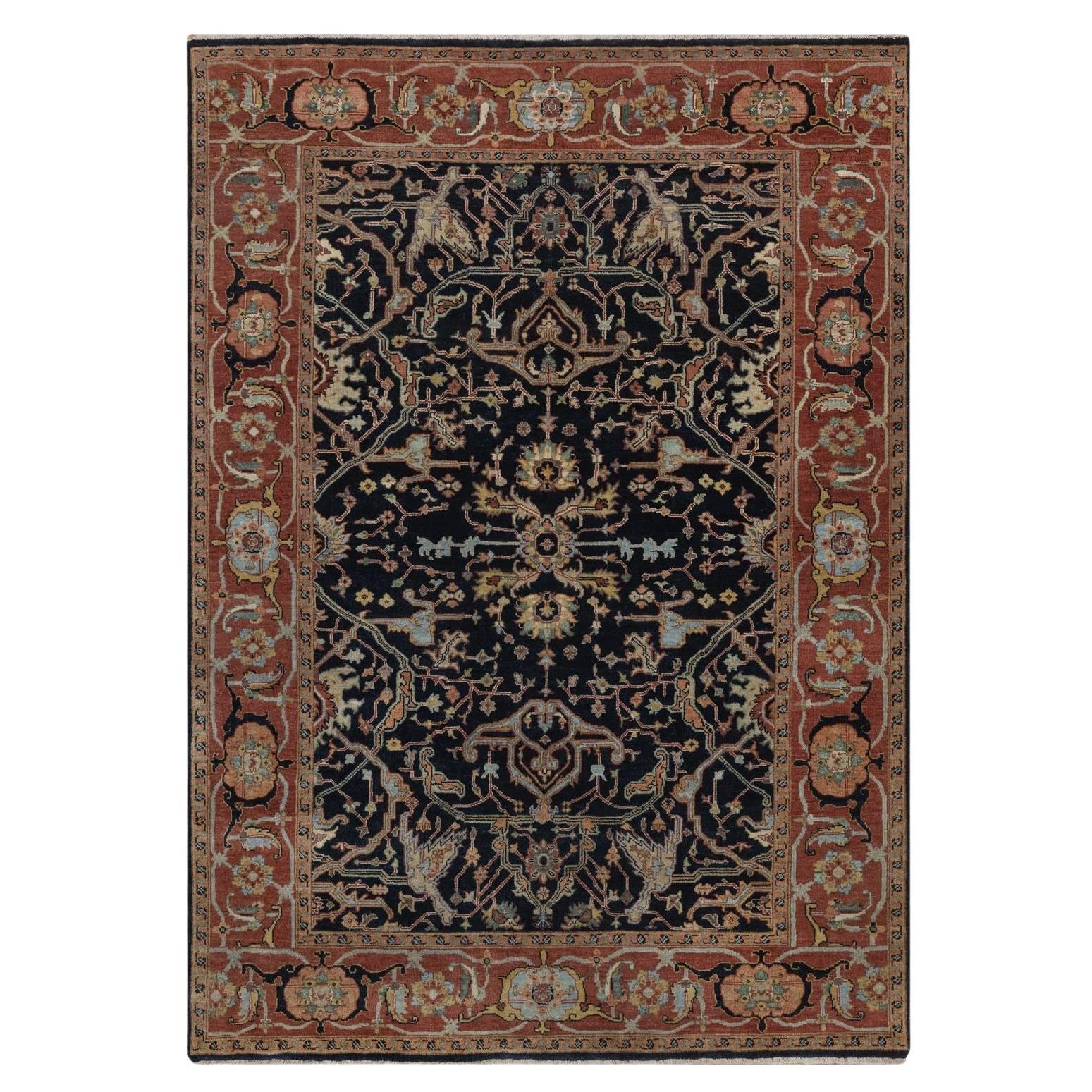 5'1"x7'1" Midnight Blue Antiqued Fine Heriz Re-Creation Wool Hand Knotted Rug
