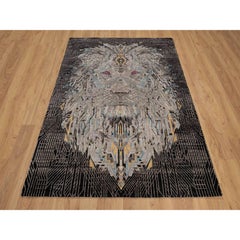 5'1"x7'1" Onyx Black Maharaja Lion Wool & Silk Hand Knotted Oriental Rug