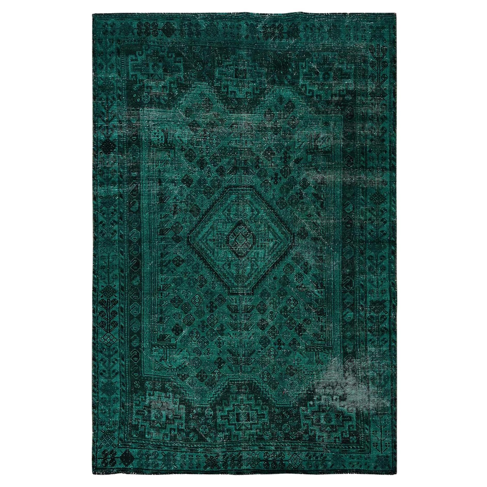 5'1"x7'10" Grüner Vintage Overdyed Persischer Shiraz Handgeknüpfter orientalischer Teppich aus Wolle, handgeknüpft