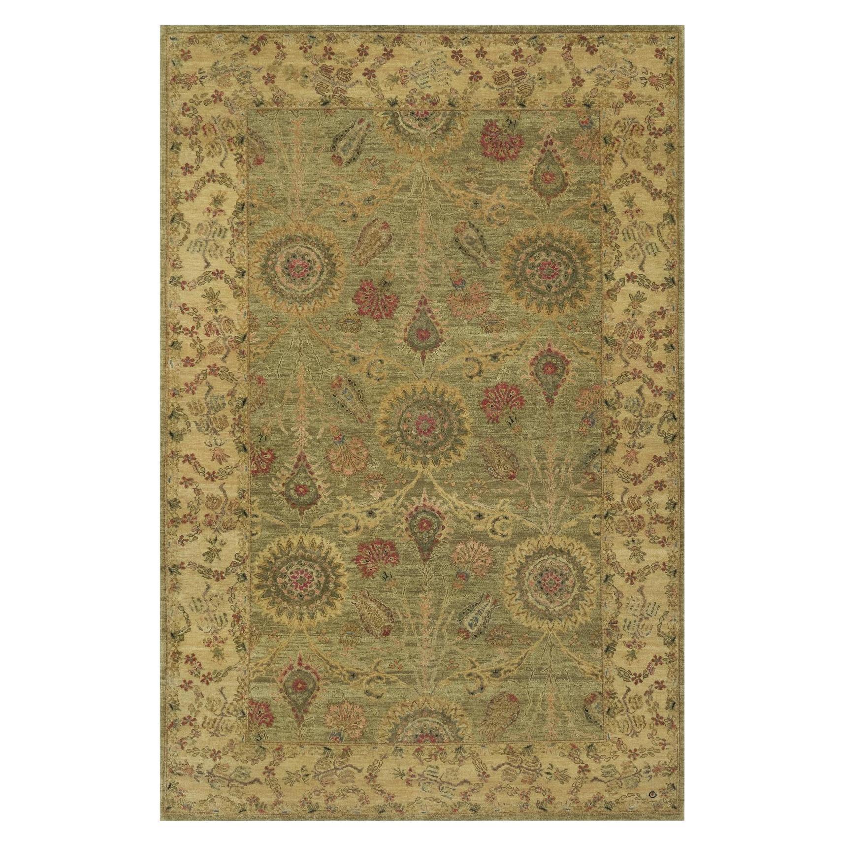 5
1"x7
10" Olive Green Botanical Design Hand Knotted Pure Himalayan Wool Rug For Sale