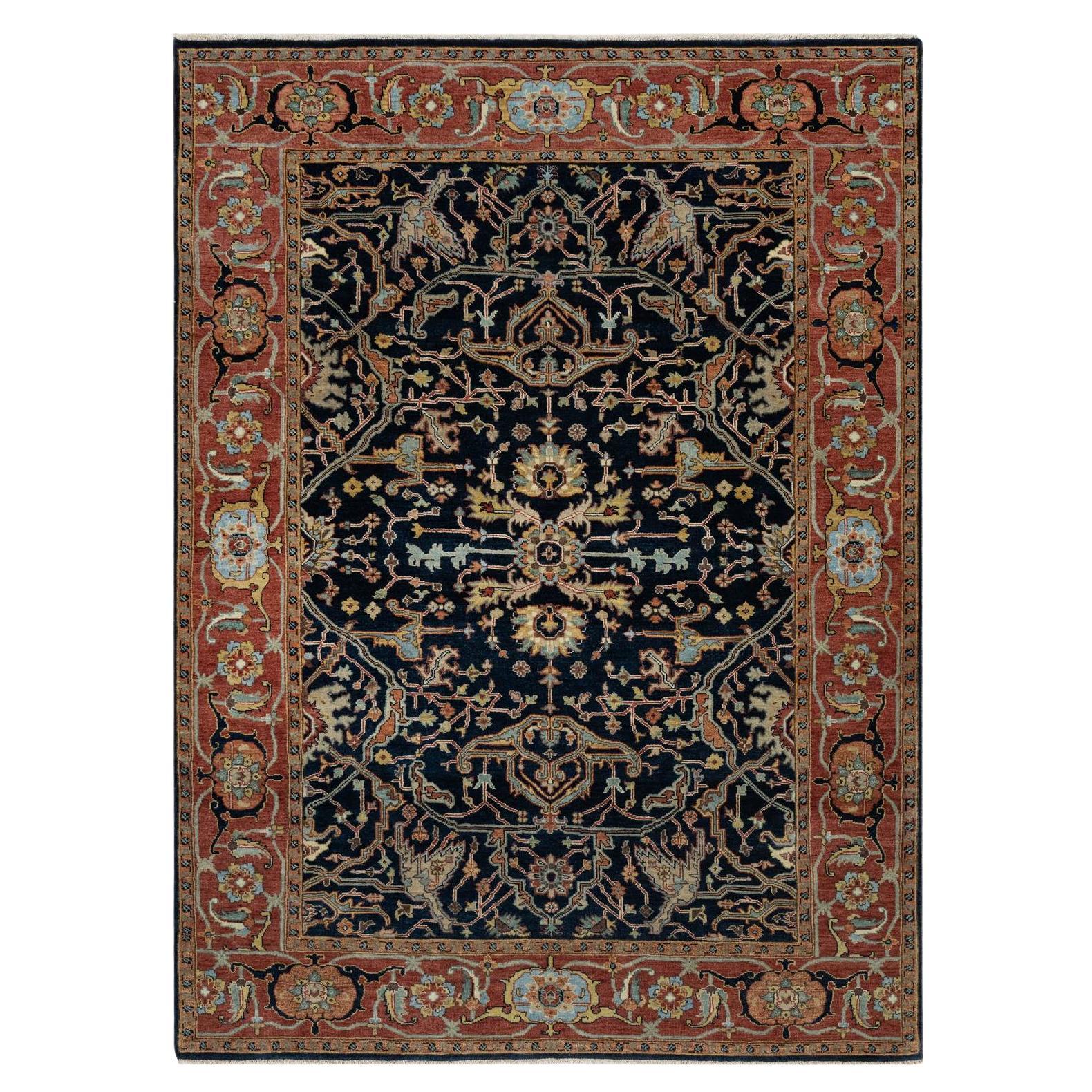 5'1"x7'2" Midnight Blue, Antiqued Fine Heriz, Re-Creation, Hand Knotted Wool Rug