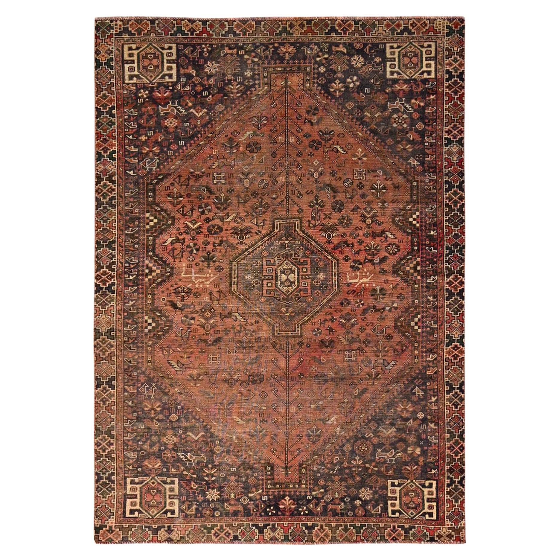5
1 "x7
2" Naranja Óxido Vintage Persa Shiraz Desgastada Alfombra de Lana Anudada a Mano en venta