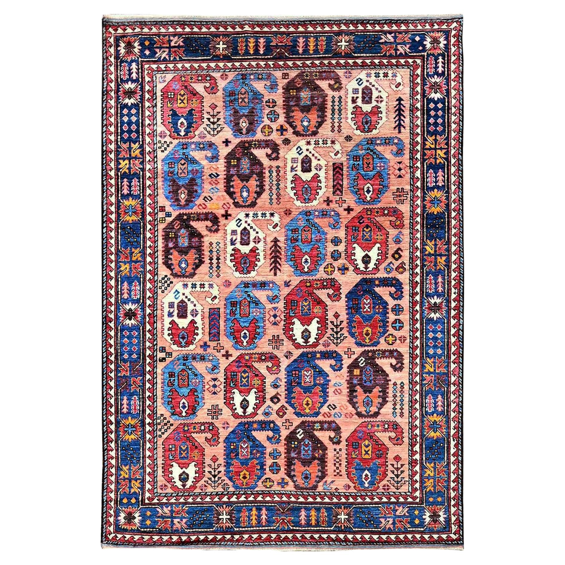 5
1"x7
3" Peach Color Caucasian Design Revival Hand Knotted Wool Oriental Rug