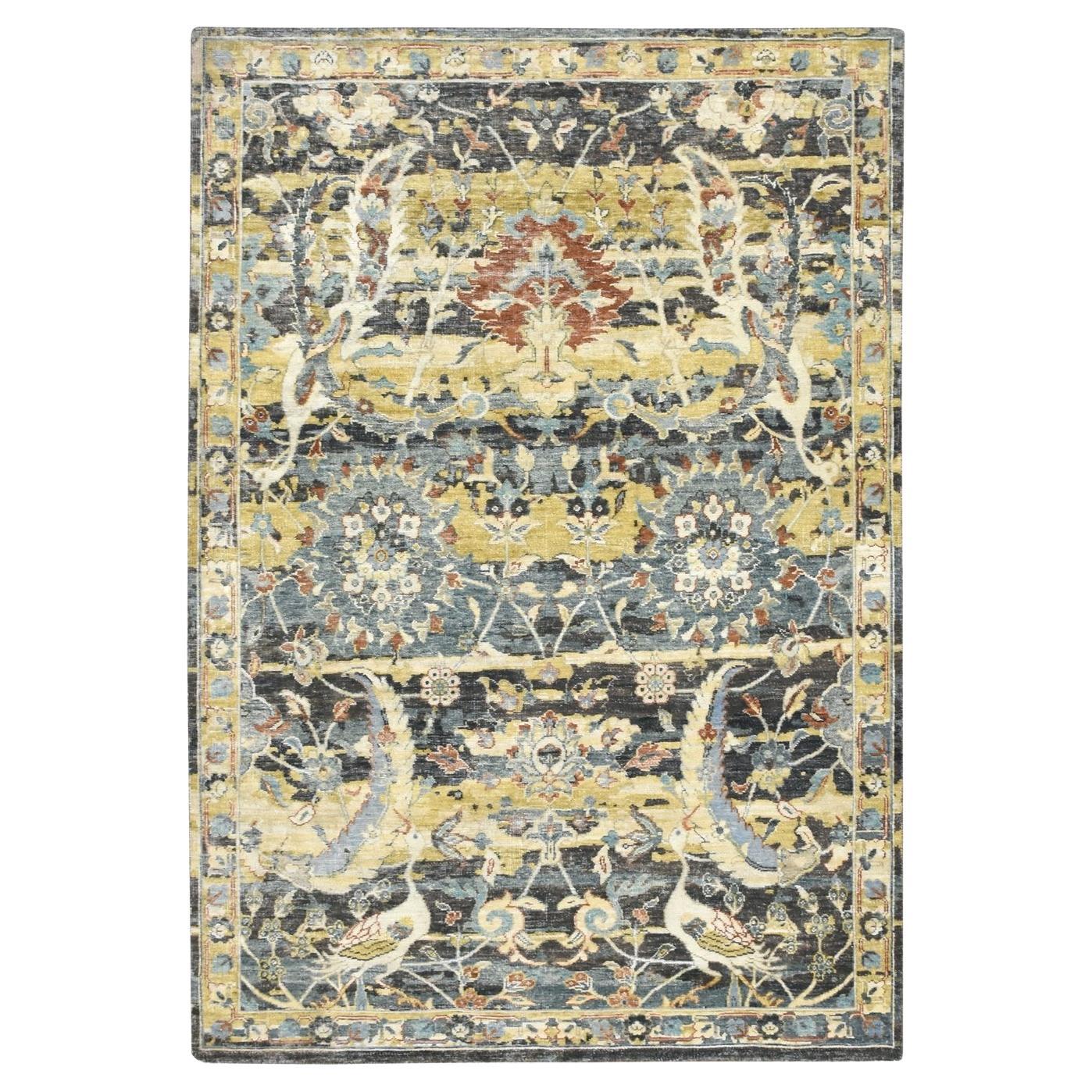 5'1 "x7'4" nero con disegno persiano giallo Abrash 100% lana annodato a mano in vendita