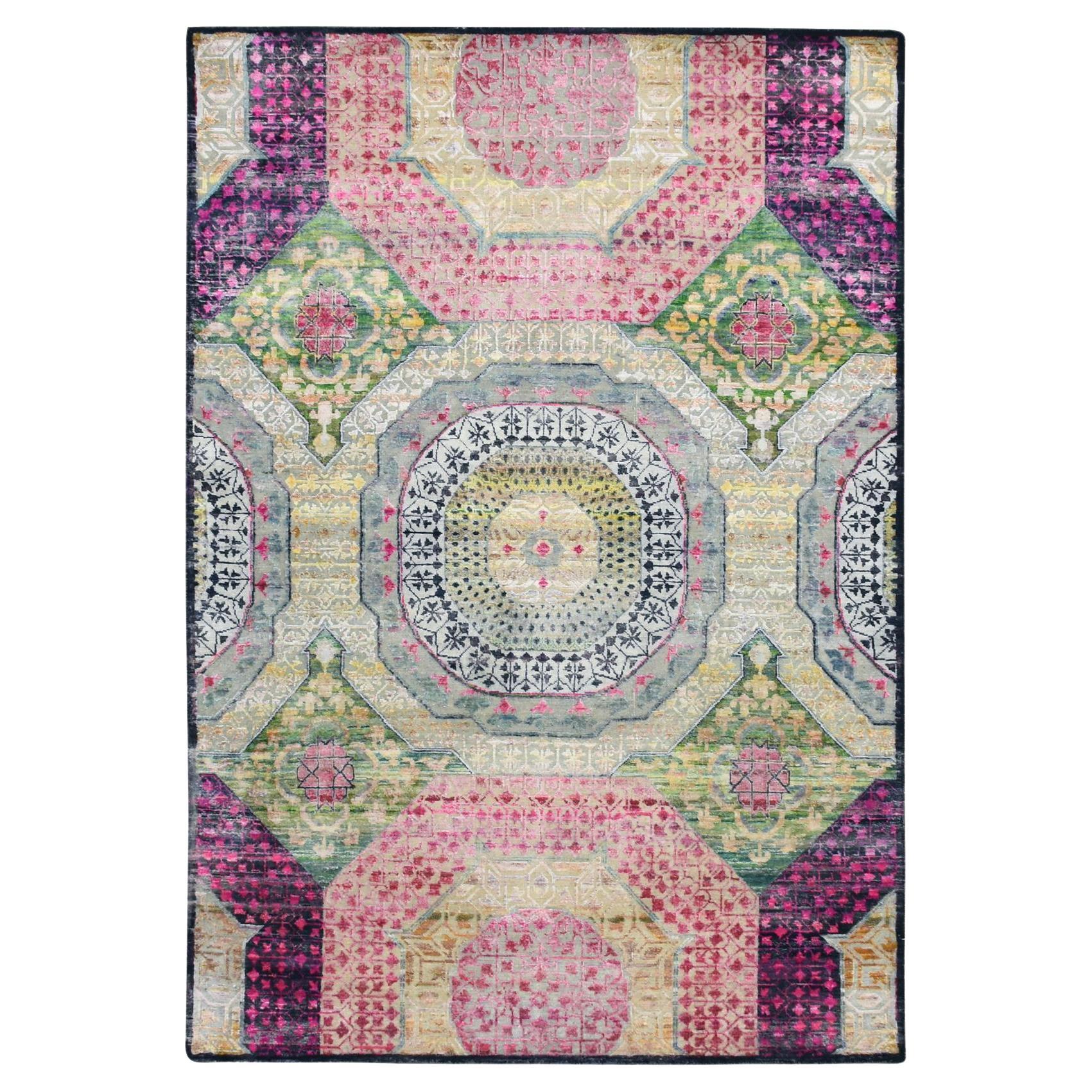 5'1"x7'4" Pink with Yellow Colorful Mamluk Design Hand Knotted Silk & Wool Rug
