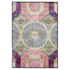 5'1"x7'4" Pink with Yellow Colorful Mamluk Design Hand Knotted Silk & Wool Rug