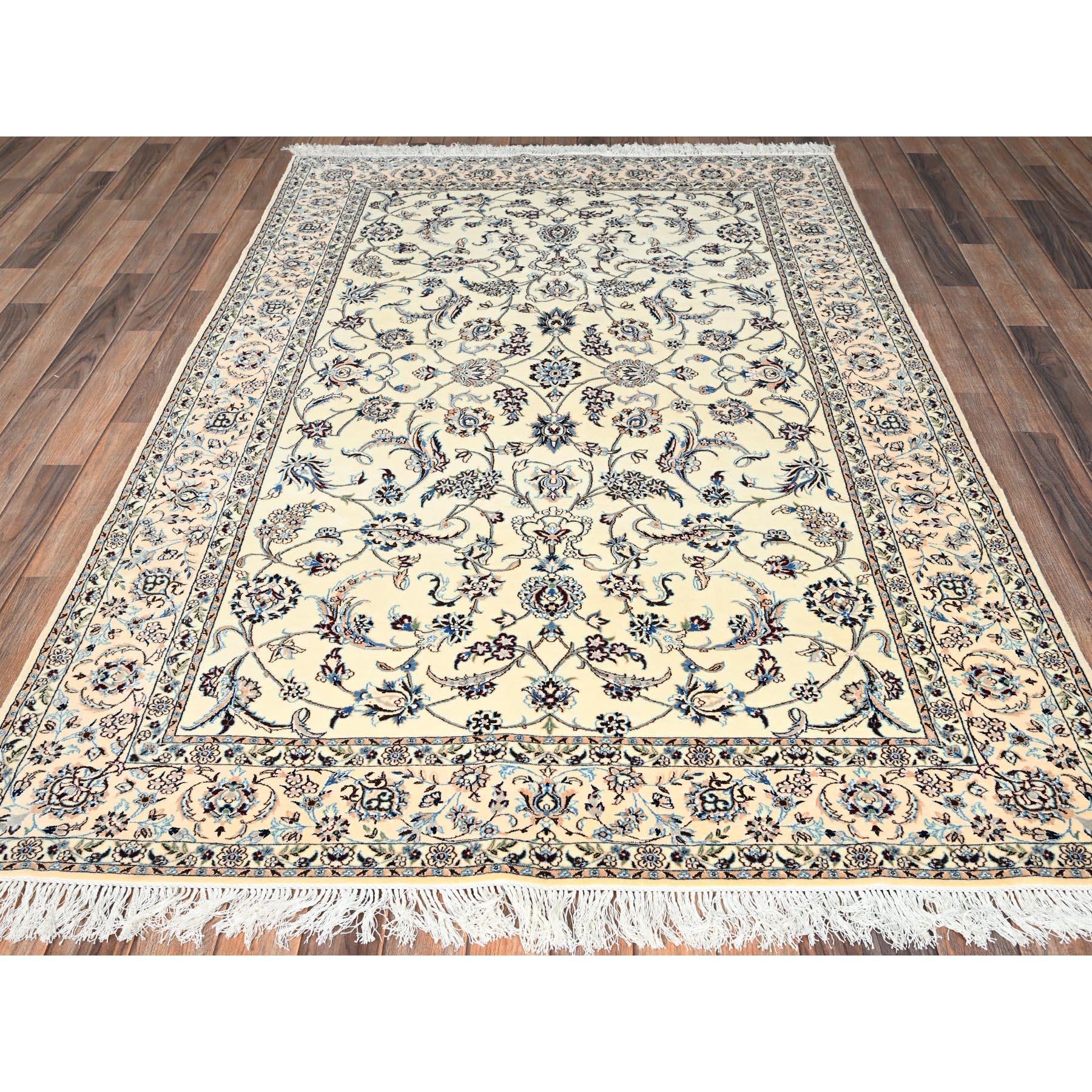 Floral White, Persian Nain with All Over Flower and Vine Design, Wool and Silk, Hand Knotted, 400 KPSI, Oriental Rug
Primary materials: Wool & Silk
Latex: No Pile 
height: 0.25 Inches
Style: Traditional
Primary color: Ivory
Secondary colors: