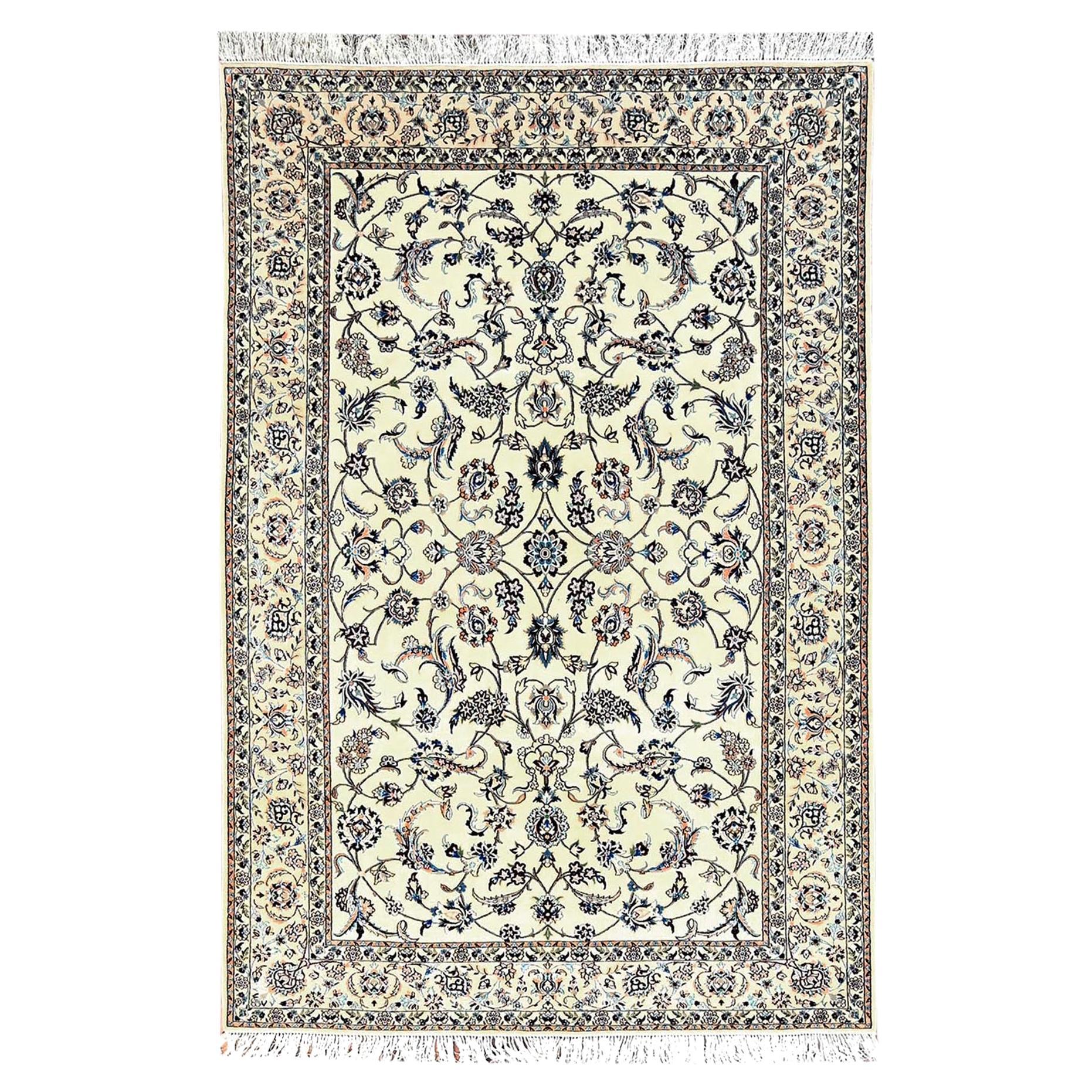 5
1"x7
8" Ivory Persian Nain Wool and Silk 400 KPSI Hand Knotted Oriental Rug