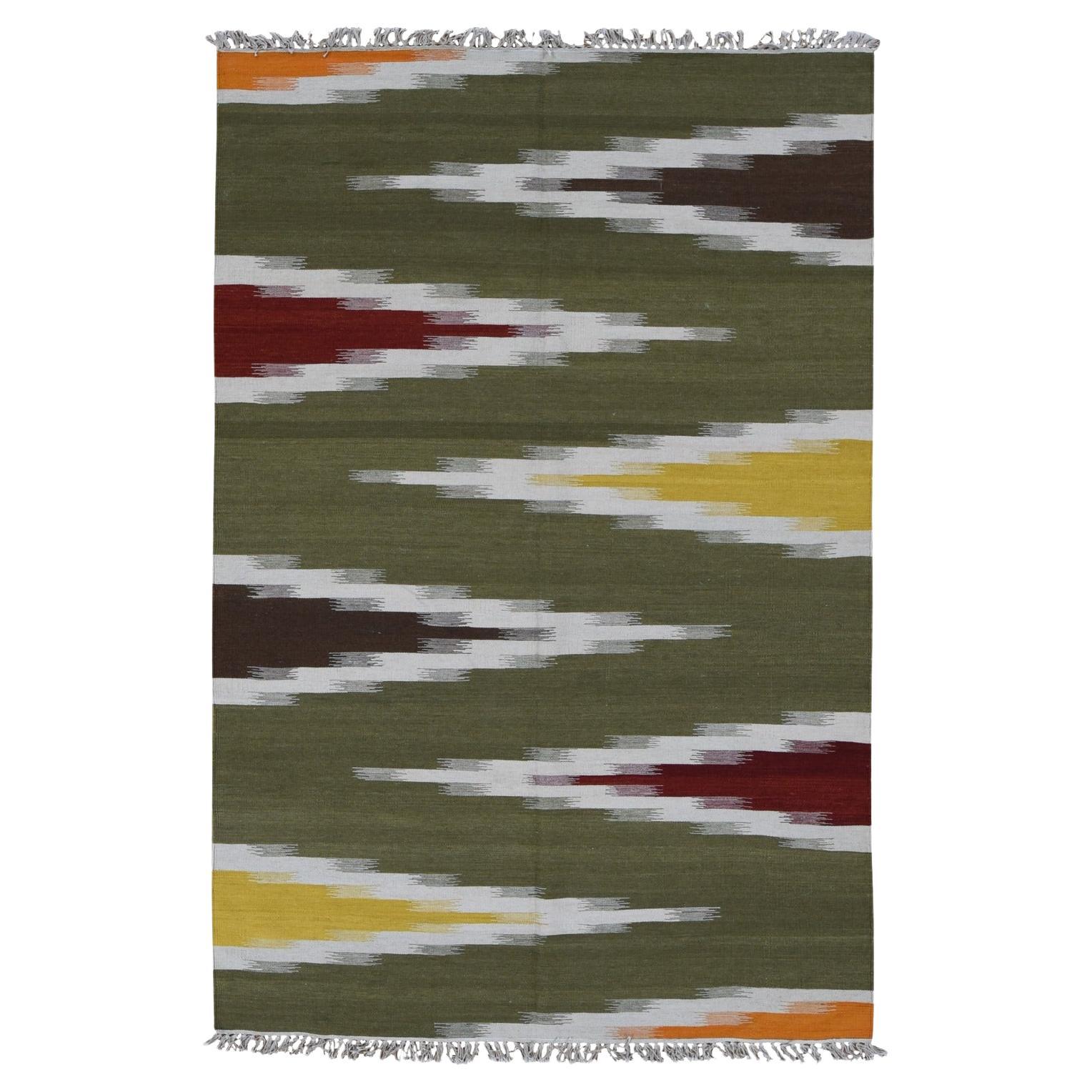 5'1"x8'1" Green, Flat Weave Kilim, Dazzling Design, 100% Wool, Hand Woven Rug