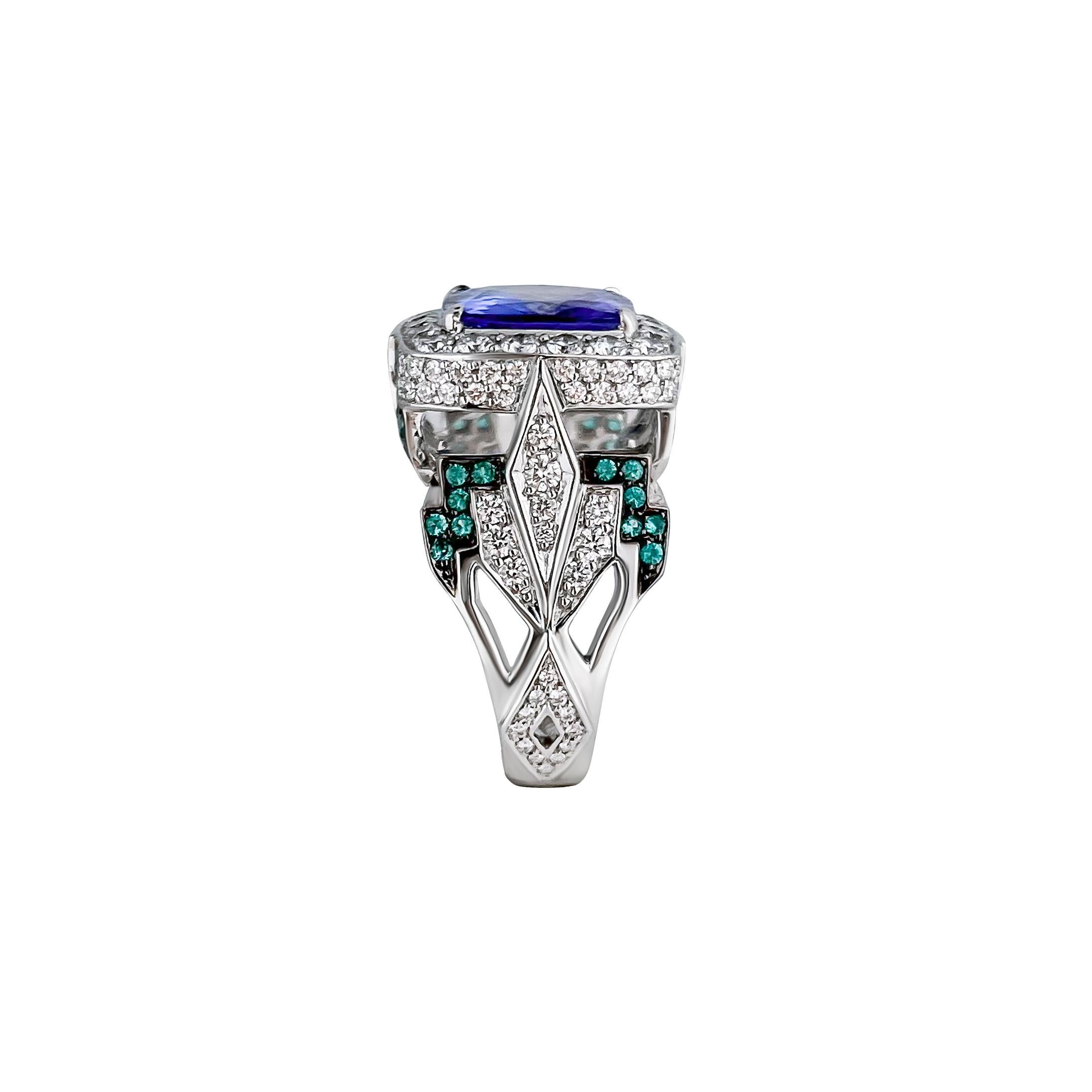 Modern 5.2 Carat Cushion Cut Tanzanite, Pariba, Diamond Cocktail Ring in 18k White Gold