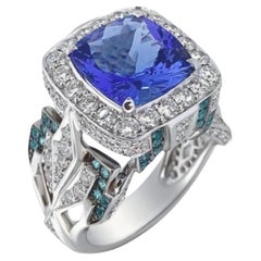 5.2 Carat Cushion Cut Tanzanite, Pariba, Diamond Cocktail Ring in 18k White Gold